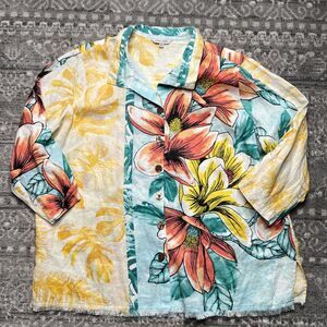 John Mark Button Up Linen Shirt Womens Size 1X Floral Ruched Sleeve Fringe